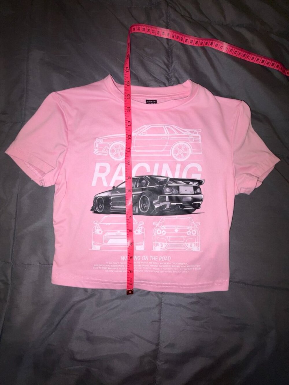 Pink Racing Graphic Crop Top | Y2K Car Print Baby Tee | Size Small - Picture 6 of 6